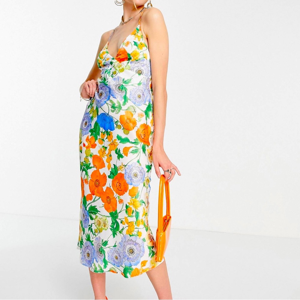 Midi Satin Backless Dress in Poppy Floral Print